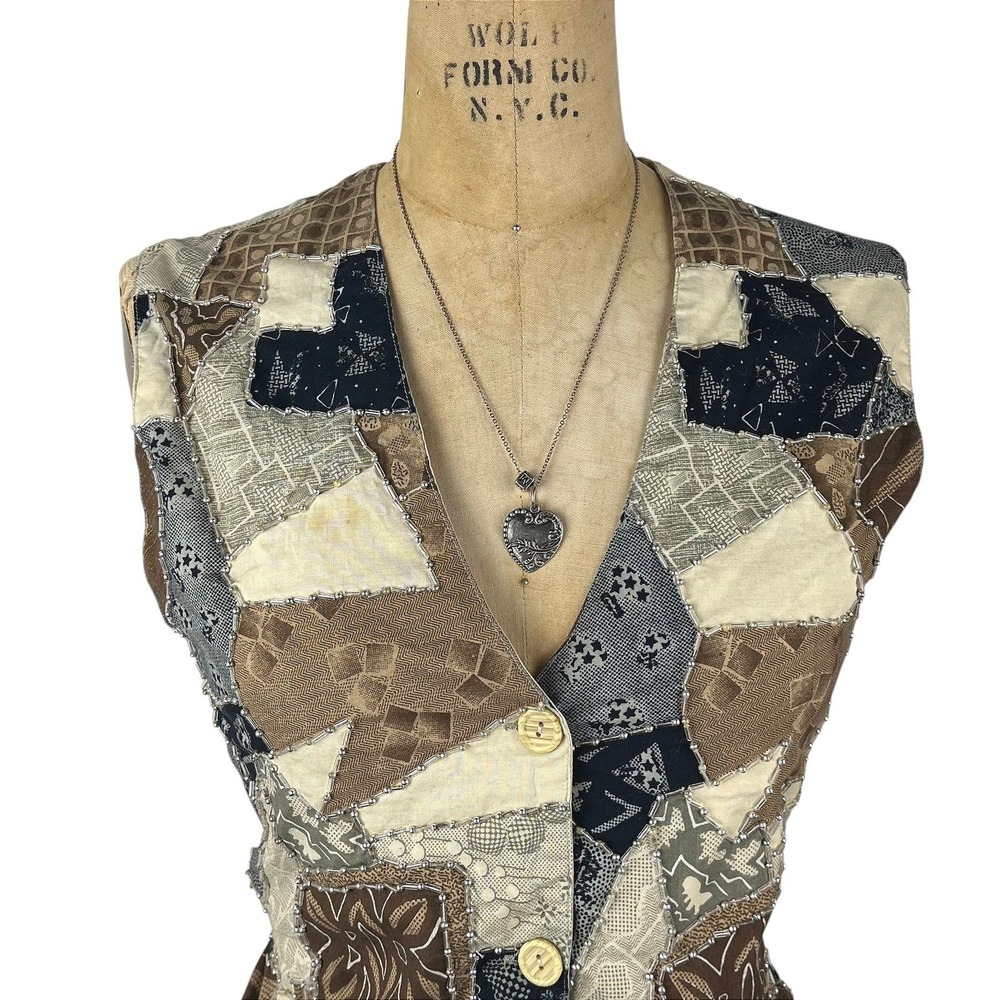 Vintage Effeci Patchwork Vest Beaded Button Front… - image 5